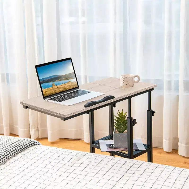 Table d'appoint en C, table basse avec roulettes, hauteur et plateau réglables, étagère de rangement