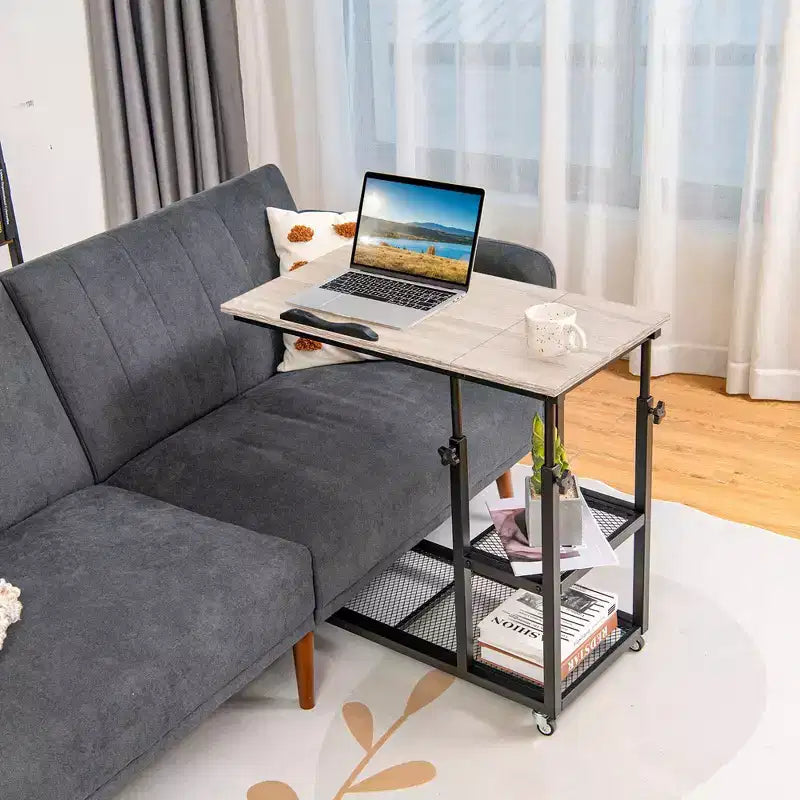 Table d'appoint en C, table basse avec roulettes, hauteur et plateau réglables, étagère de rangement