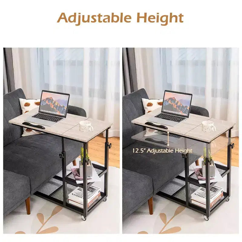 Table d'appoint en C, table basse avec roulettes, hauteur et plateau réglables, étagère de rangement