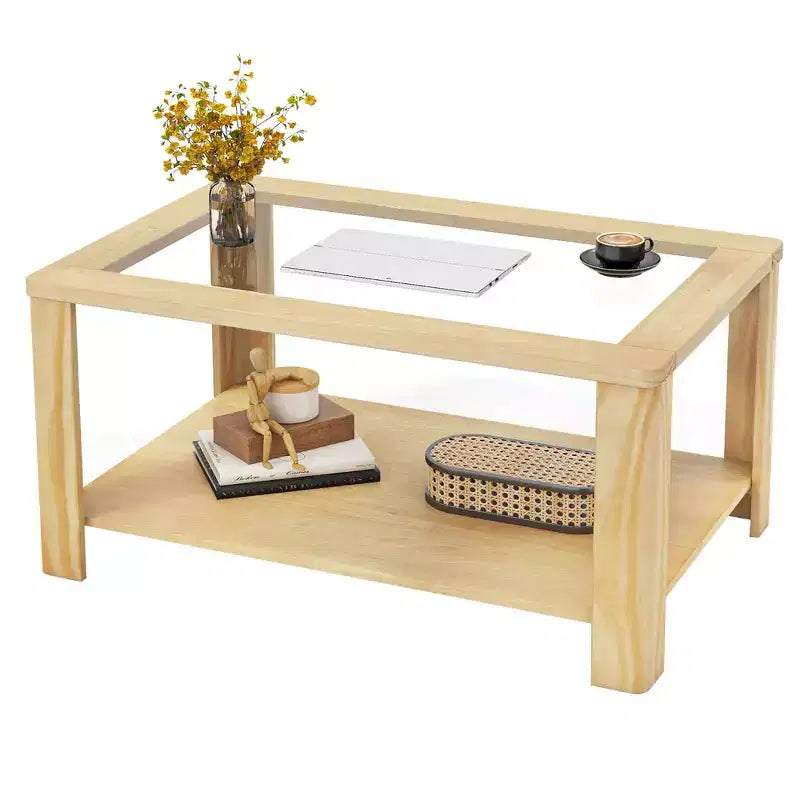 Costway 2-Tier Coffee Table w/ Tempered Glass Tabletop & Storage Shelf Rounded Corners
