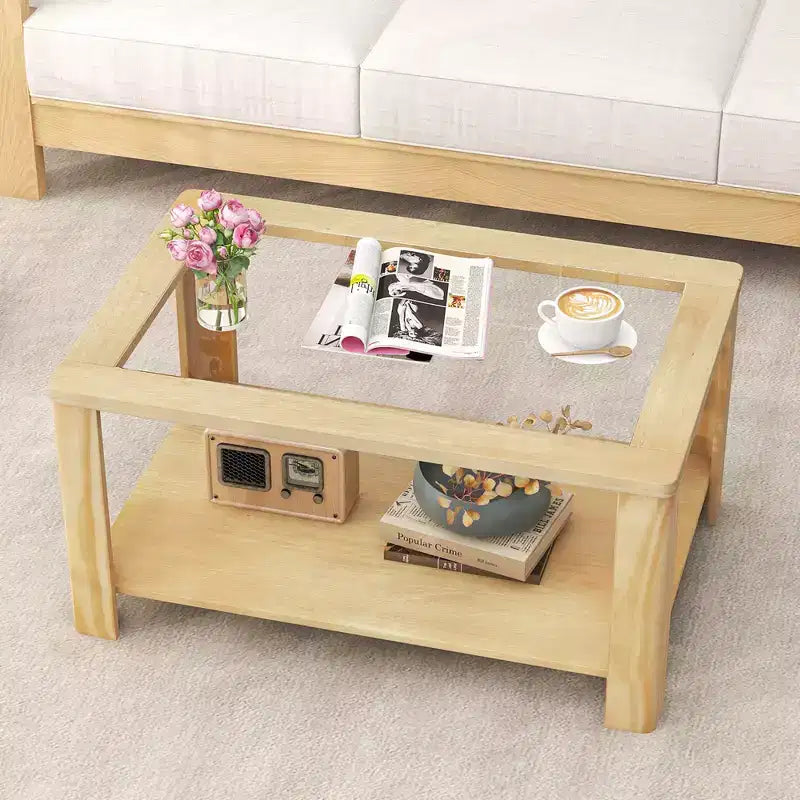 Table basse à 2 niveaux avec plateau en verre trempé et étagère de rangement Coins arrondis