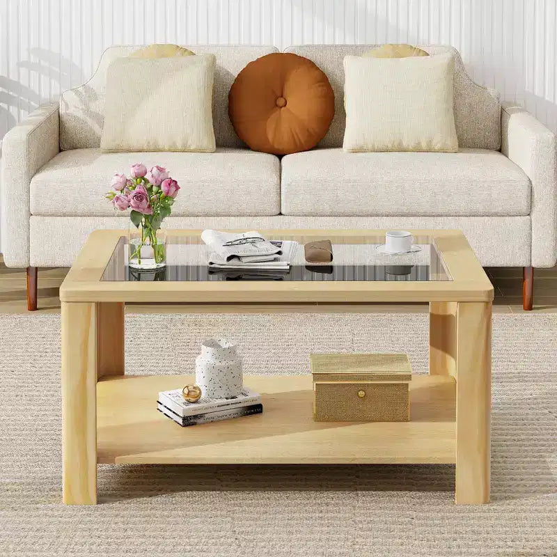Table basse à 2 niveaux avec plateau en verre trempé et étagère de rangement Coins arrondis