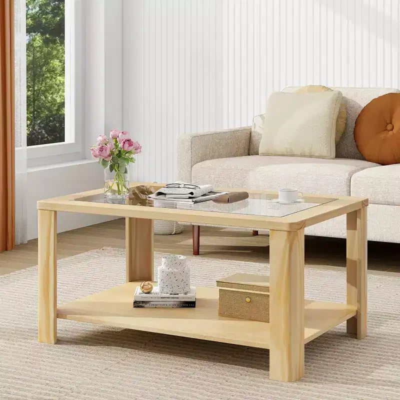 Table basse à 2 niveaux avec plateau en verre trempé et étagère de rangement Coins arrondis