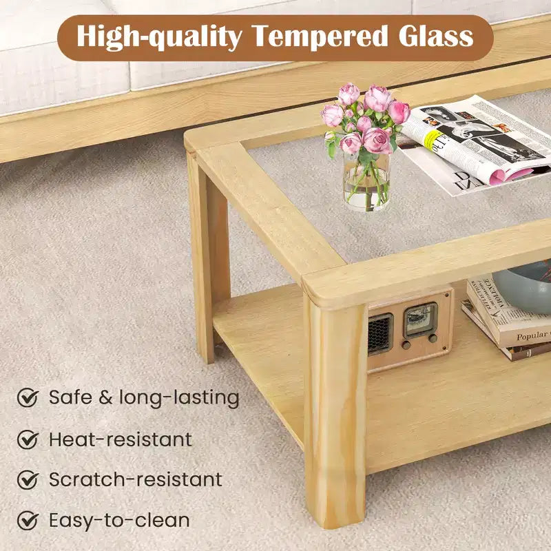 Table basse à 2 niveaux avec plateau en verre trempé et étagère de rangement Coins arrondis