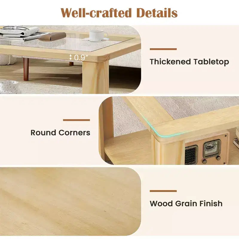 Table basse à 2 niveaux avec plateau en verre trempé et étagère de rangement Coins arrondis
