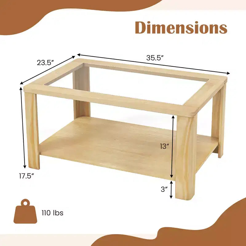 Table basse à 2 niveaux avec plateau en verre trempé et étagère de rangement Coins arrondis