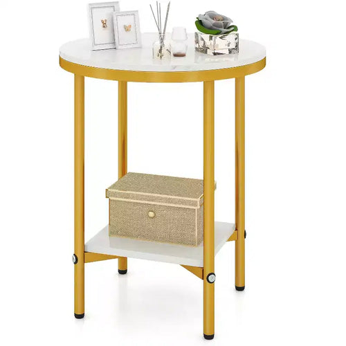 Costway 16 2-Tier Round Side Table w/Storage Shelf Gold Metal Frame for Living Room