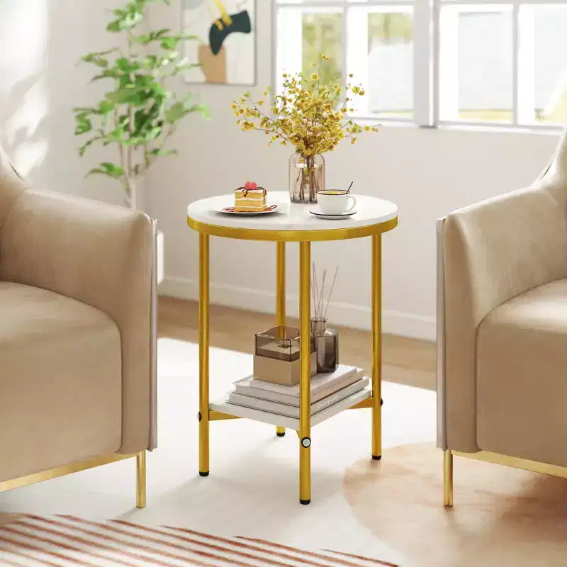 Table d'appoint ronde à 2 niveaux avec étagère de rangement, structure en métal doré pour salon