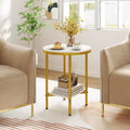 Table d'appoint ronde à 2 niveaux avec étagère de rangement, structure en métal doré pour salon