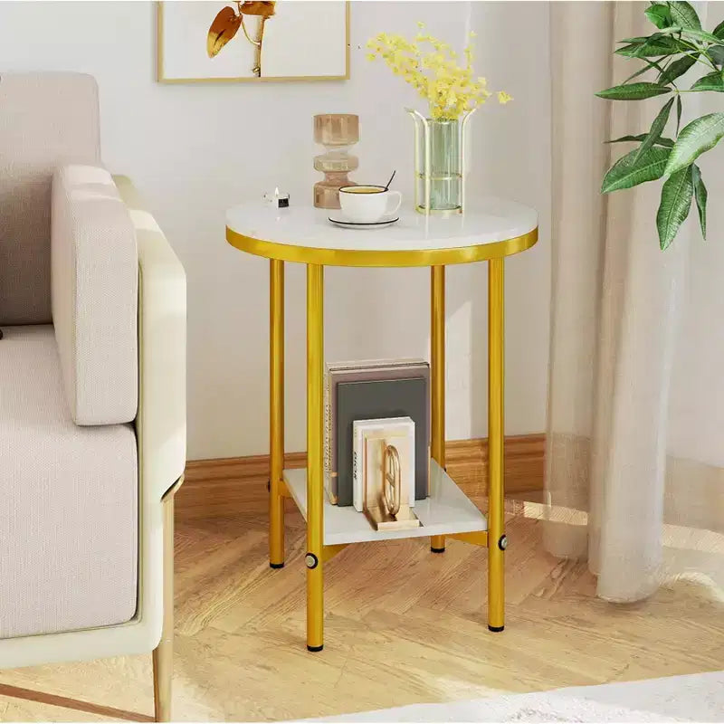 Table d'appoint ronde à 2 niveaux avec étagère de rangement, structure en métal doré pour salon