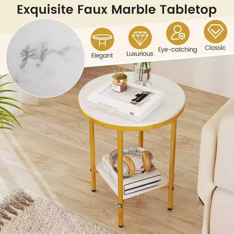 Table d'appoint ronde à 2 niveaux avec étagère de rangement, structure en métal doré pour salon