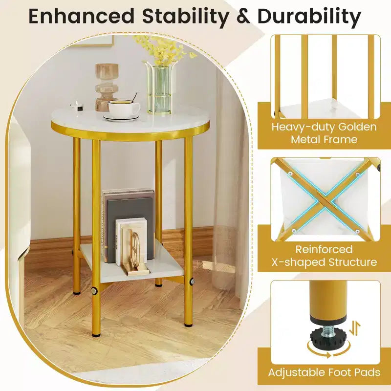 Table d'appoint ronde à 2 niveaux avec étagère de rangement, structure en métal doré pour salon
