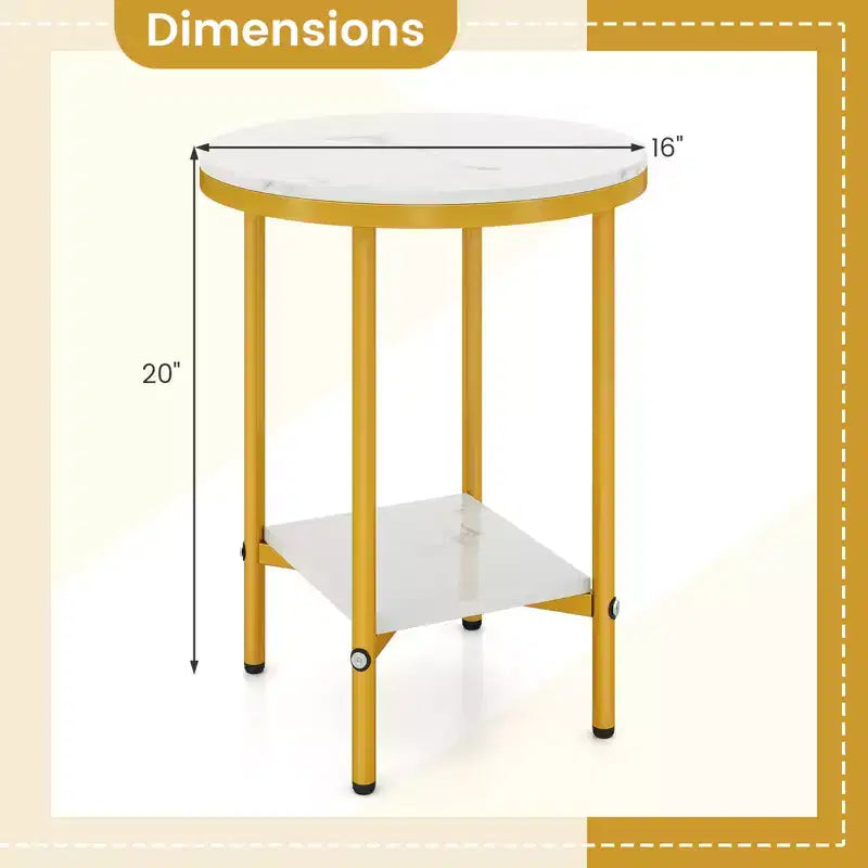 Table d'appoint ronde à 2 niveaux avec étagère de rangement, structure en métal doré pour salon