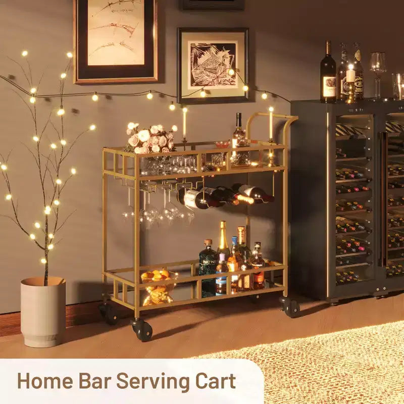 Bar Doré, Desserte de Bar, Chariot à Vin avec 2 Étagères Miroir
