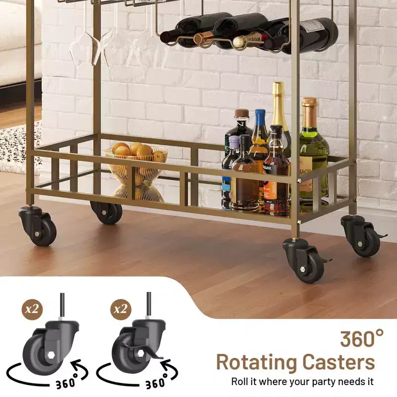 Bar Doré, Desserte de Bar, Chariot à Vin avec 2 Étagères Miroir