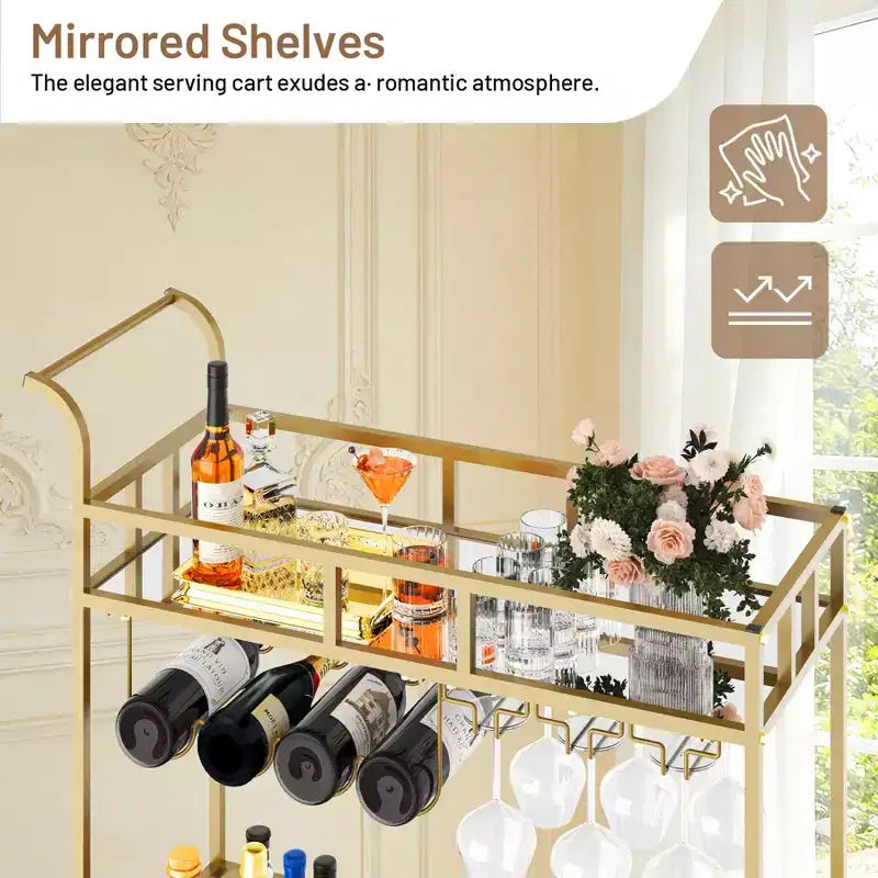Bar Doré, Desserte de Bar, Chariot à Vin avec 2 Étagères Miroir