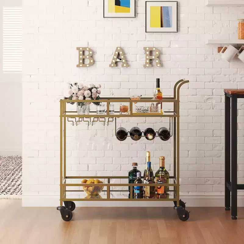 Bar Doré, Desserte de Bar, Chariot à Vin avec 2 Étagères Miroir