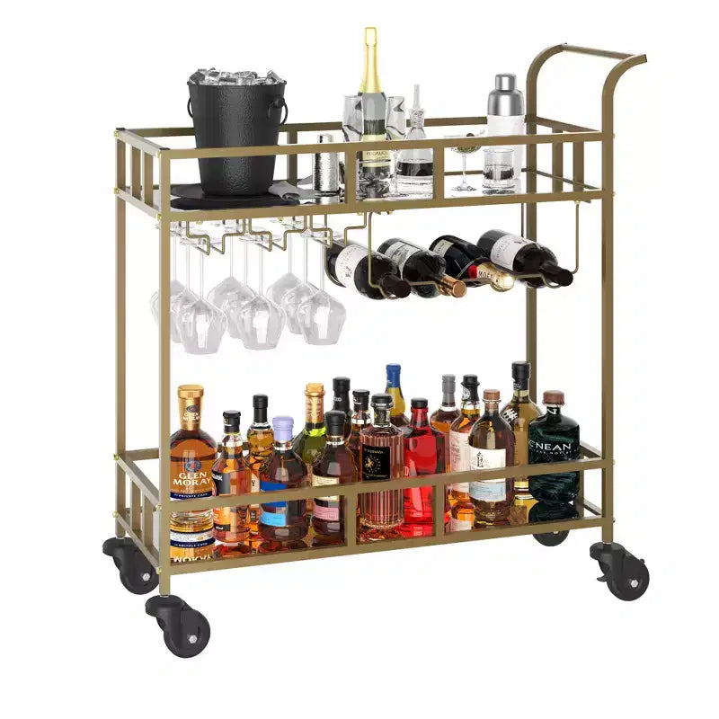 Bar Doré, Desserte de Bar, Chariot à Vin avec 2 Étagères Miroir