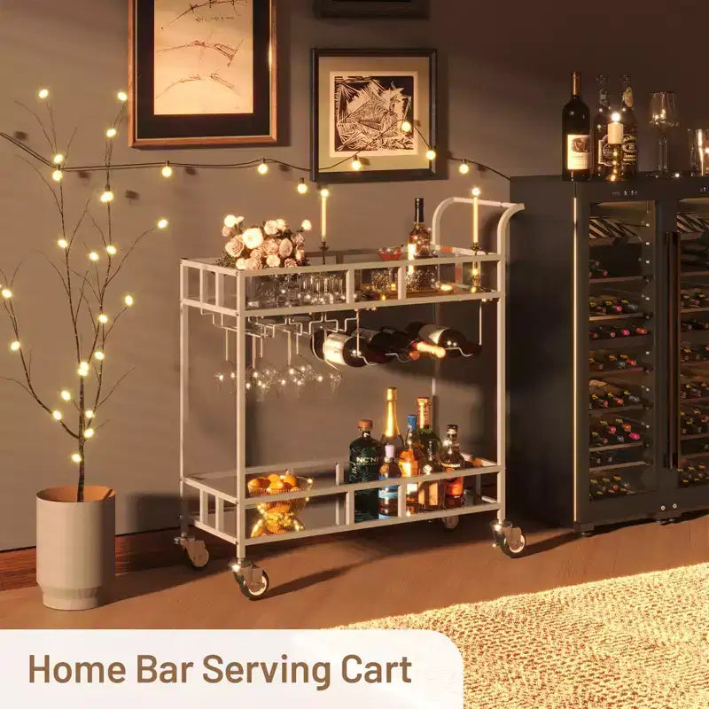 Bar Doré, Desserte de Bar, Chariot à Vin avec 2 Étagères Miroir