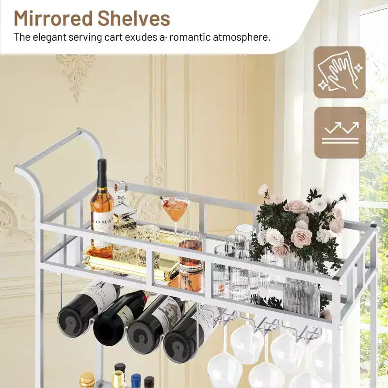 Bar Doré, Desserte de Bar, Chariot à Vin avec 2 Étagères Miroir
