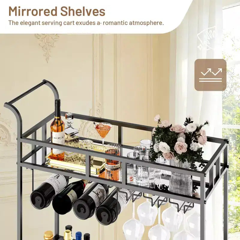 Bar Doré, Desserte de Bar, Chariot à Vin avec 2 Étagères Miroir