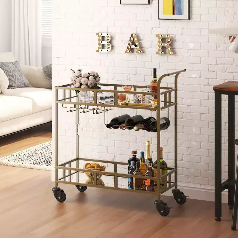 Bar Doré, Desserte de Bar, Chariot à Vin avec 2 Étagères Miroir