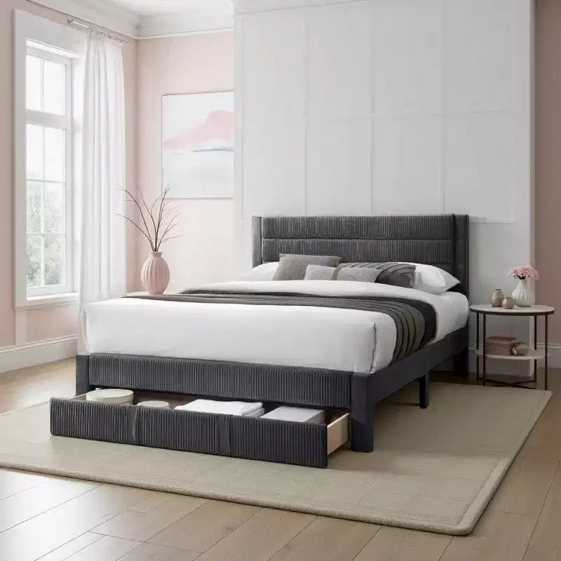 Royal Hampton Queen Size Bed w Storage Drawer, Dark Gray Corduroy Upholstery