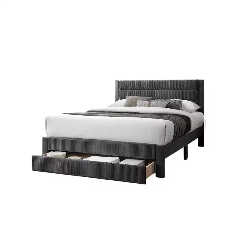 Lit Queen Size avec tiroir de rangement, revêtement en velours côtelé gris foncé