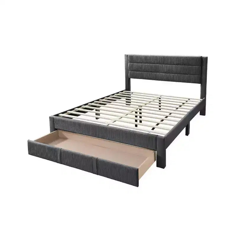 Lit Queen Size avec tiroir de rangement, revêtement en velours côtelé gris foncé