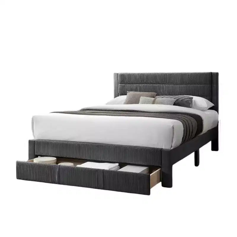Lit Queen Size avec tiroir de rangement, revêtement en velours côtelé gris foncé