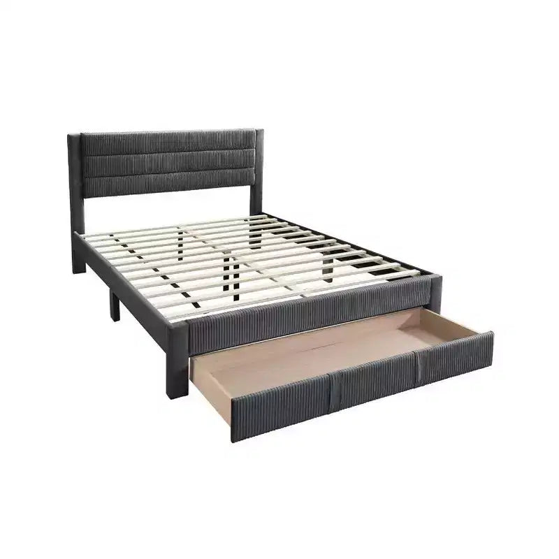 Lit Queen Size avec tiroir de rangement, revêtement en velours côtelé gris foncé