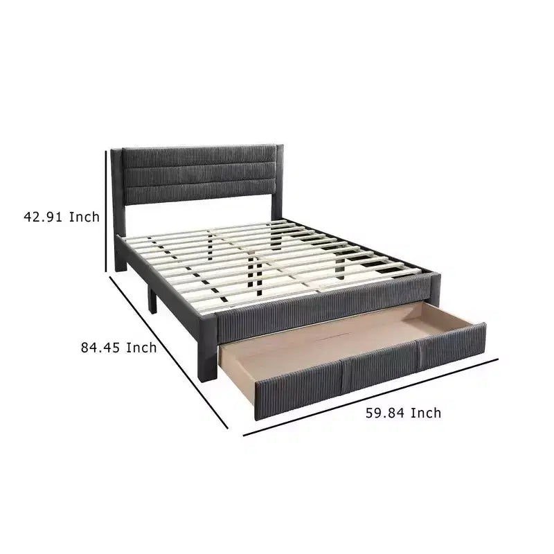 Lit Queen Size avec tiroir de rangement, revêtement en velours côtelé gris foncé