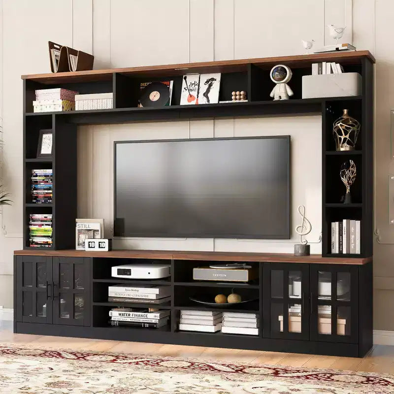 Entertainment Wall Unit with Bridge for 80 inch TV, TV Storage Cabinet with Bookshelf Shelves, Large Media Console with Tempered Glass Doors