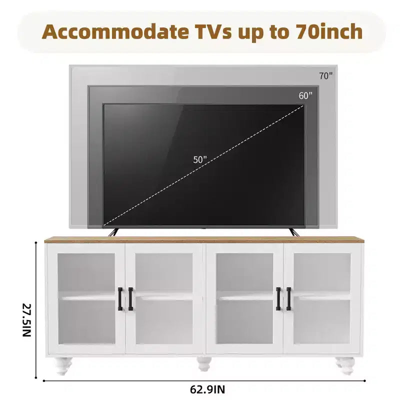 Meuble TV moderne avec étagères pour téléviseur 70 pouces, meuble de rangement TV en bois