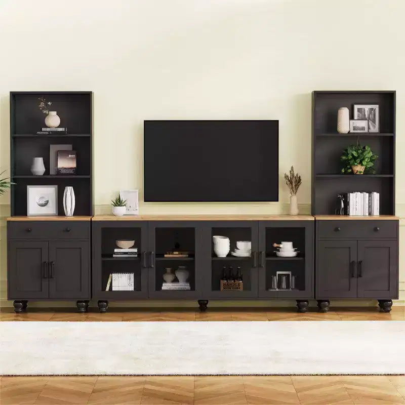 Meuble TV moderne avec étagères pour téléviseur 70 pouces, meuble de rangement TV en bois