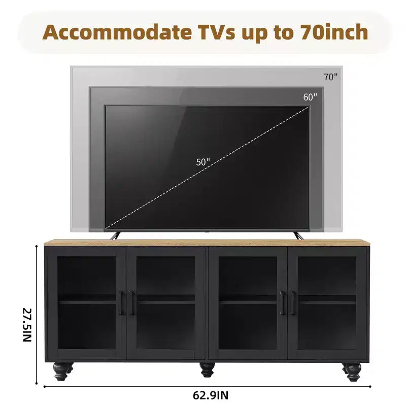 Meuble TV moderne avec étagères pour téléviseur 70 pouces, meuble de rangement TV en bois