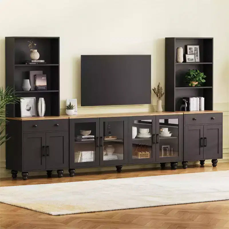 Modern TV Stand with Bookshelves for 70 inch TV, Wood TV Storage Cabinet with Adjustable Shelves