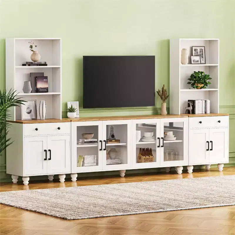 Meuble TV moderne avec étagères pour téléviseur 70 pouces, meuble de rangement TV en bois