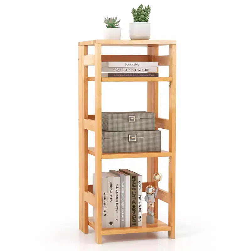 Costway 4-Tier Bookshelf Floor Storage Shelf w/ Rubber Wood Frame Anti-Toppling Kits