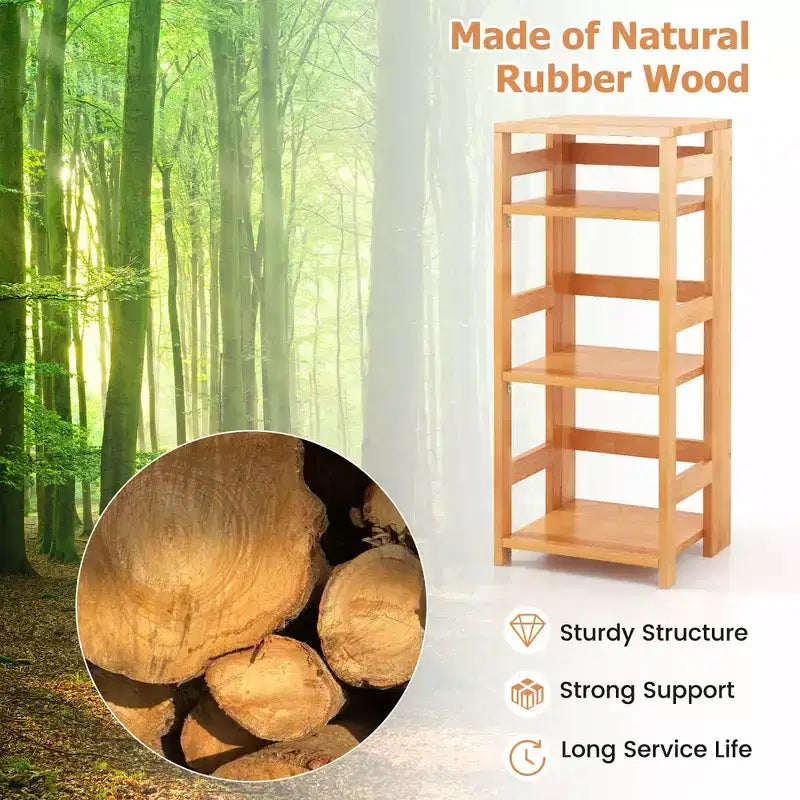 Étagère de Rangement sur Pied à 4 Niveaux avec Cadre en Bois d'Hévéa et Kits Anti-Basculement
