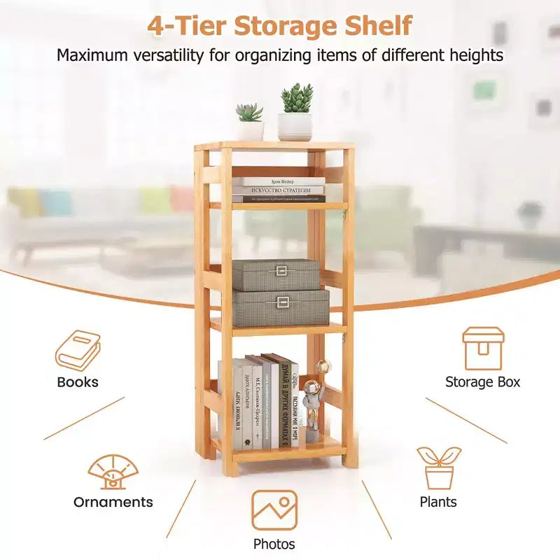 Étagère de Rangement sur Pied à 4 Niveaux avec Cadre en Bois d'Hévéa et Kits Anti-Basculement