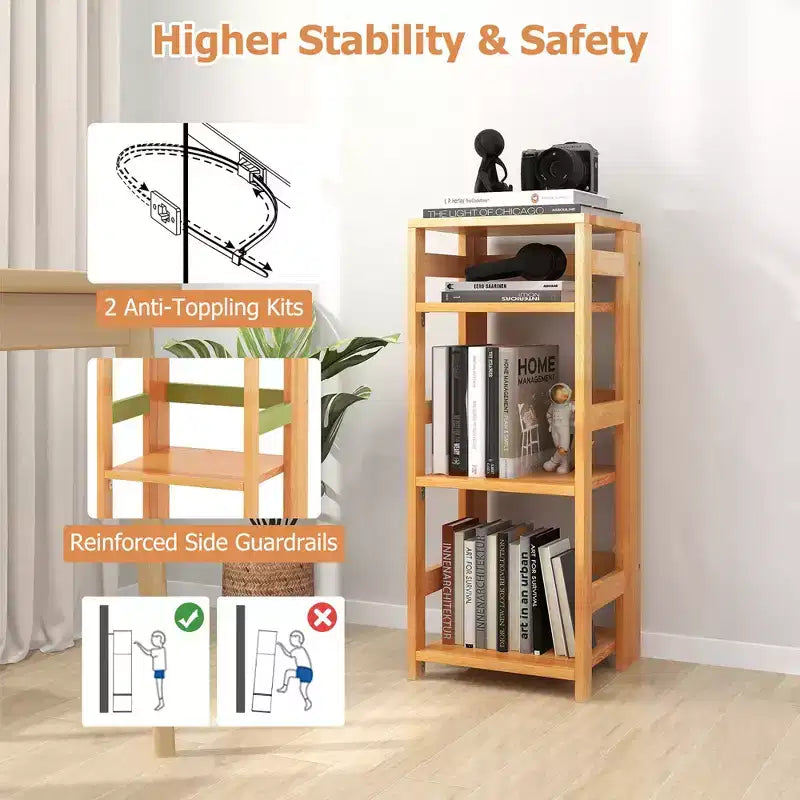 Étagère de Rangement sur Pied à 4 Niveaux avec Cadre en Bois d'Hévéa et Kits Anti-Basculement