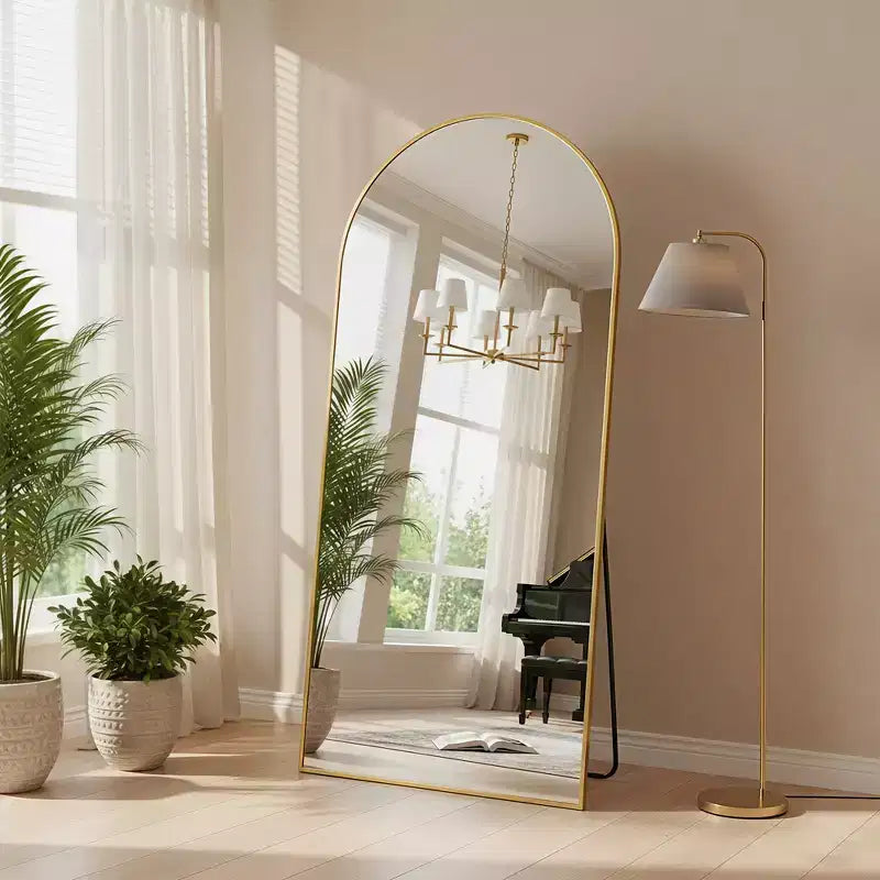 Miroir sur pied arqué pleine longueur de 71 pouces avec cadre en alliage d'aluminium pour salon