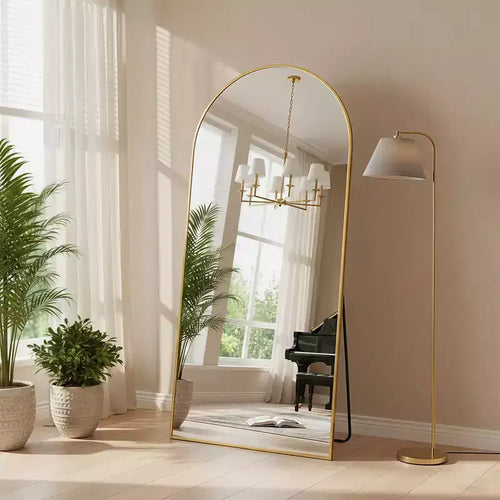 Miroir sur pied arqué pleine longueur de 71 pouces avec cadre en alliage d'aluminium pour salon