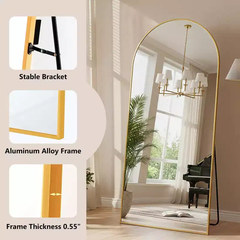 Miroir sur pied arqué pleine longueur de 71 pouces avec cadre en alliage d'aluminium pour salon