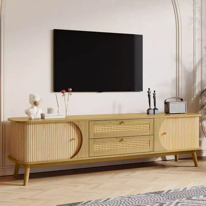 Rattan TV Stand with Drawers for 75 inch TV, Wood TV Storage Cabinet Table with Solid Wood Legs for Living Room, Natural Wood