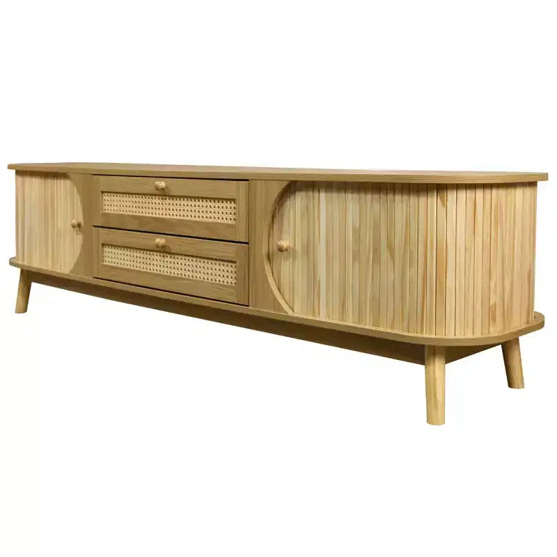 Meuble TV en rotin avec tiroirs pour télévision de 75 pouces, table de rangement TV en bois