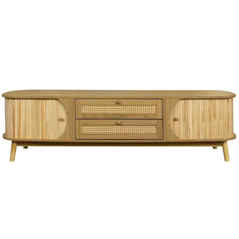 Meuble TV en rotin avec tiroirs pour télévision de 75 pouces, table de rangement TV en bois