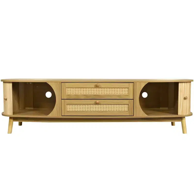 Meuble TV en rotin avec tiroirs pour télévision de 75 pouces, table de rangement TV en bois