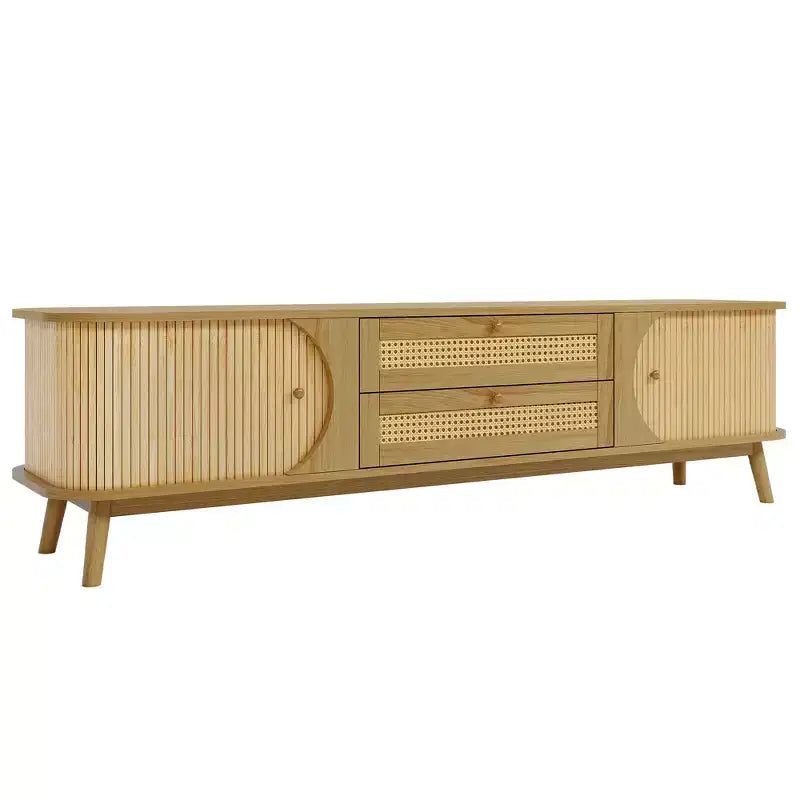 Meuble TV en rotin avec tiroirs pour télévision de 75 pouces, table de rangement TV en bois